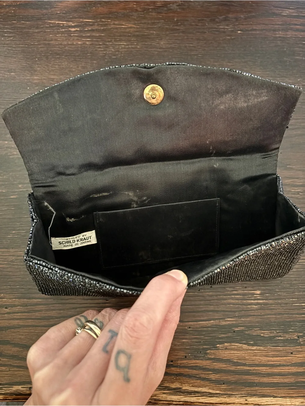 Vintage Schildkraut Black Beaded Clutch - Made in Japan